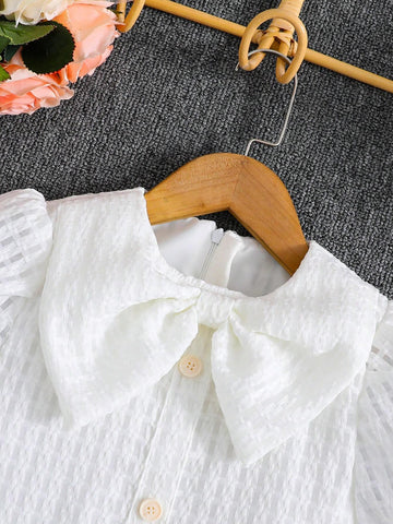 Young Girls' Elegant Casual Vacation Dress, Butterfly Bowknot Decorated Bubble Sleeves And Ladylike Style