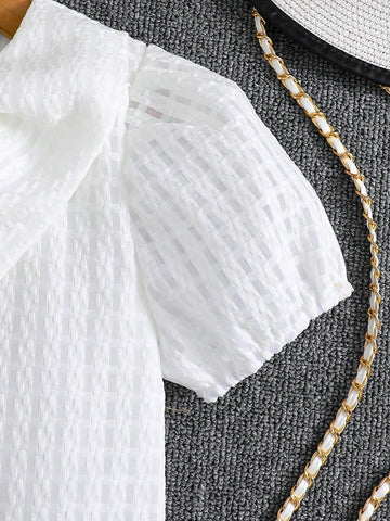 Young Girls' Elegant Casual Vacation Dress, Butterfly Bowknot Decorated Bubble Sleeves And Ladylike Style