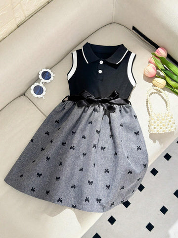 Young Girls Elegant Collar Sleeveless Patchwork Bow Pattern Fashion Commuter Dress & Belt, Summer
