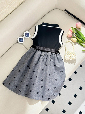 Young Girls Elegant Collar Sleeveless Patchwork Bow Pattern Fashion Commuter Dress & Belt, Summer