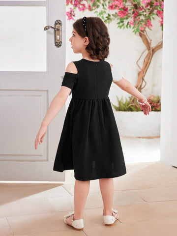 Young Girl's Elegant Color-Block Open Shoulder Dress With Bow Decorations, Summer