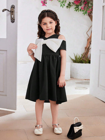 Young Girl's Elegant Color-Block Open Shoulder Dress With Bow Decorations, Summer