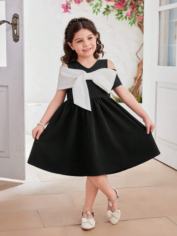 Young Girl's Elegant Color-Block Open Shoulder Dress With Bow Decorations, Summer