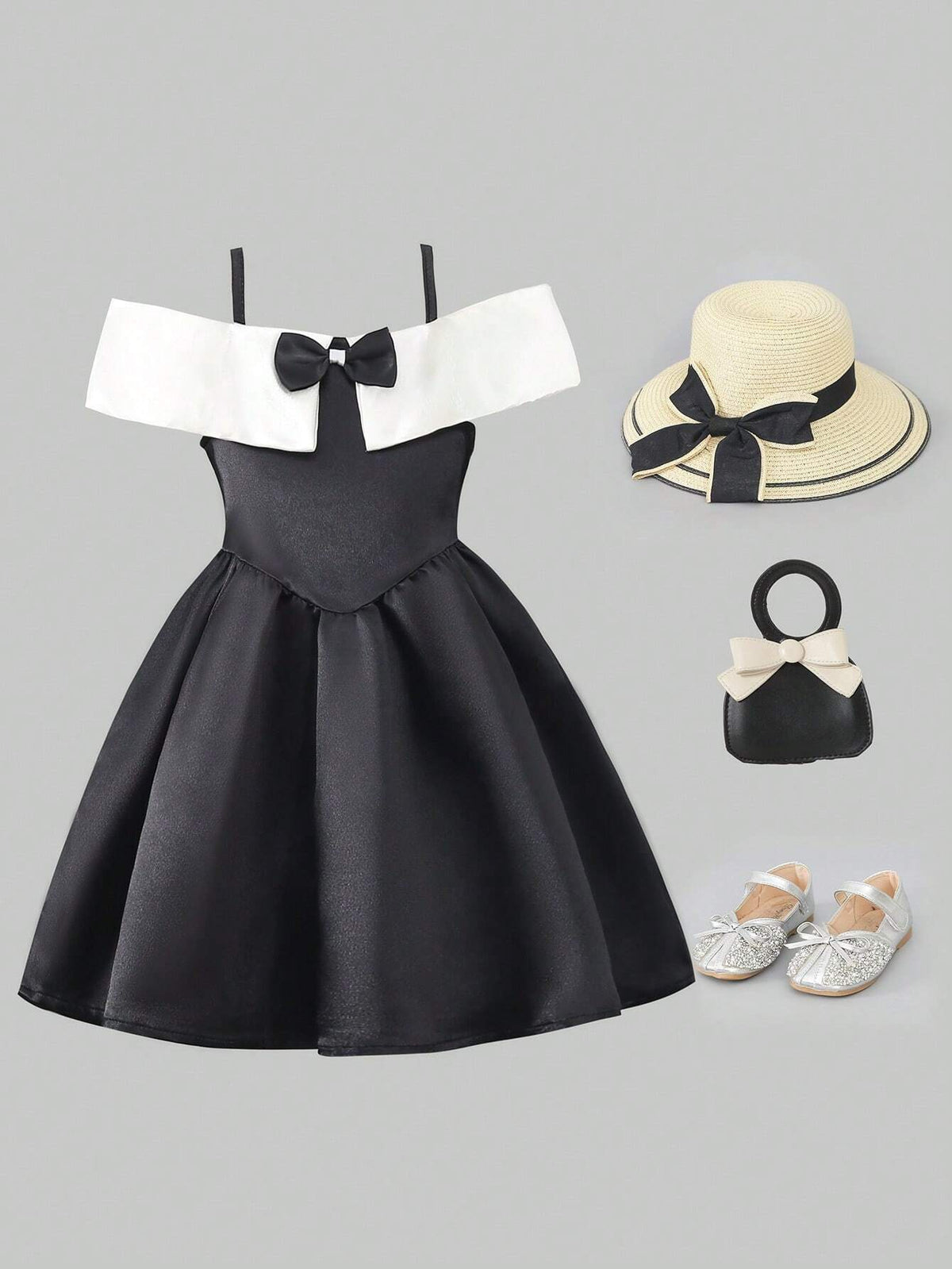 Young Girl's Elegant Color Block Bow Decorated Open Shoulder Cami Dress, Summer