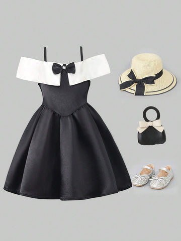 Young Girl's Elegant Color Block Bow Decorated Open Shoulder Cami Dress, Summer
