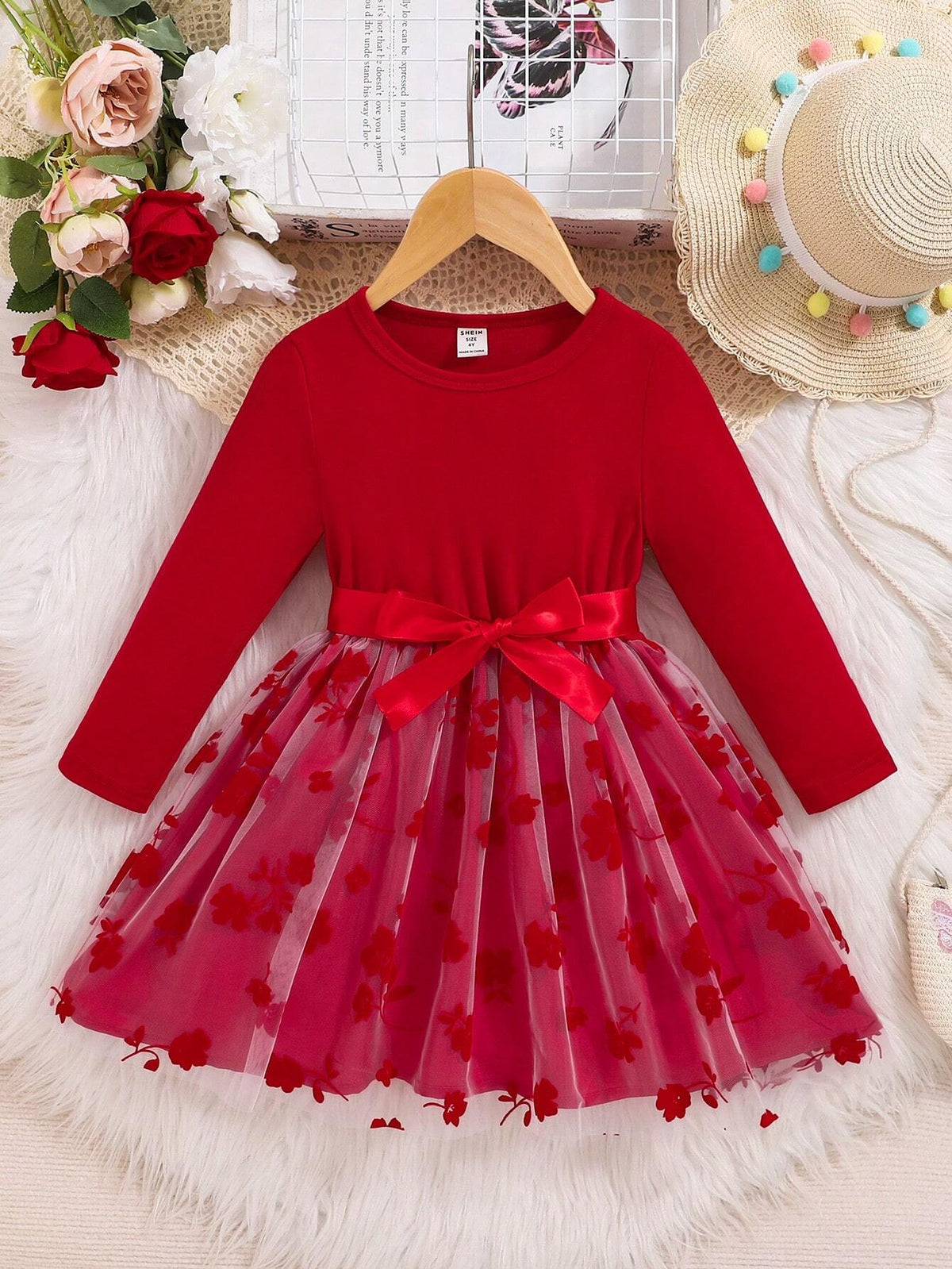 Young Girls Elegant Floral Flocked & Mesh Hem Long Sleeve Dress