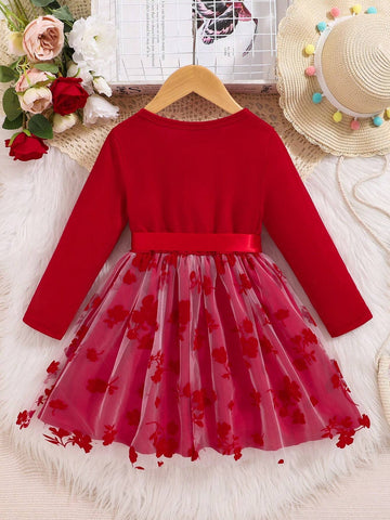 Young Girls Elegant Floral Flocked & Mesh Hem Long Sleeve Dress