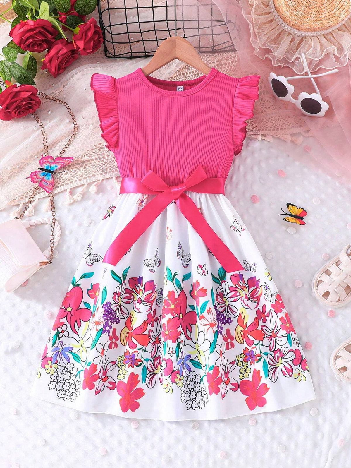 Young Girls' Elegant Floral & Butterfly Print Short Sleeve Round Neck Dress With Headband Set, Summer