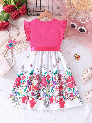 Young Girls' Elegant Floral & Butterfly Print Short Sleeve Round Neck Dress With Headband Set, Summer