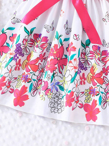 Young Girls' Elegant Floral & Butterfly Print Short Sleeve Round Neck Dress With Headband Set, Summer