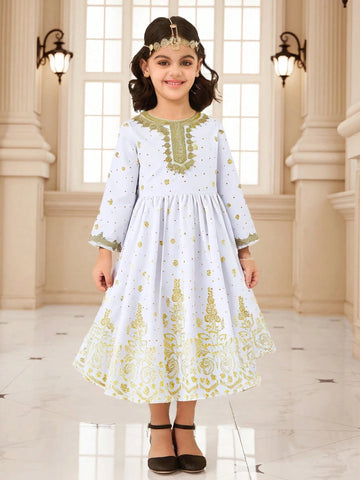 Young Girls' Elegant Gold Foil Print Long Sleeve Dress
