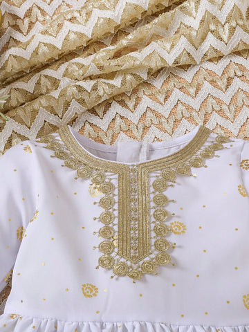 Young Girls' Elegant Gold Foil Print Long Sleeve Dress