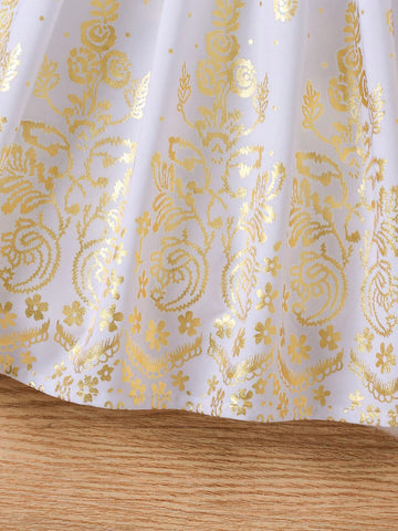 Young Girls' Elegant Gold Foil Print Long Sleeve Dress