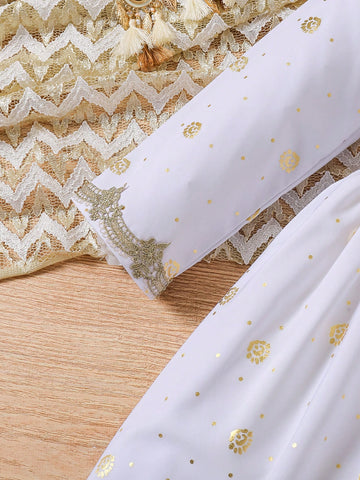 Young Girls' Elegant Gold Foil Print Long Sleeve Dress