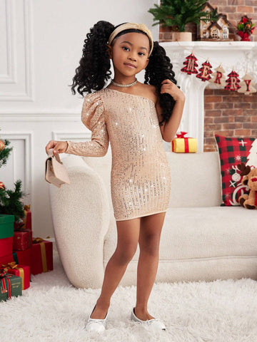 Young Girls Elegant Gold Sequin & Beaded Collar Open Shoulder Bubble Sleeve Fitted Party Dress