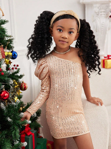 Young Girls Elegant Gold Sequin & Beaded Collar Open Shoulder Bubble Sleeve Fitted Party Dress