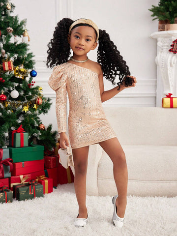 Young Girls Elegant Gold Sequin & Beaded Collar Open Shoulder Bubble Sleeve Fitted Party Dress