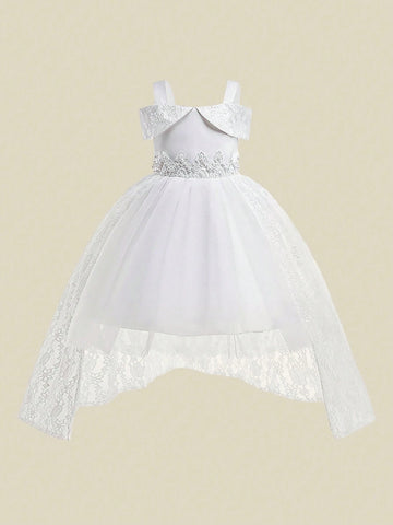 Young Girls' Elegant Lace & Tulle Spaghetti Strap Party Dress, Suitable For Performance, Flower Girl, Birthday