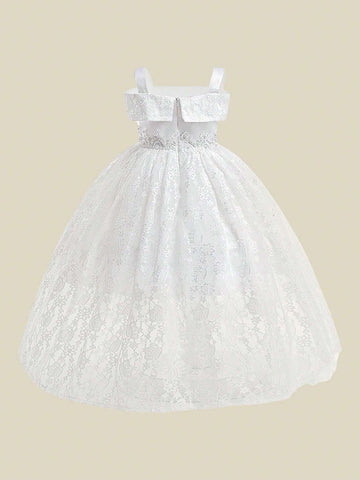 Young Girls' Elegant Lace & Tulle Spaghetti Strap Party Dress, Suitable For Performance, Flower Girl, Birthday