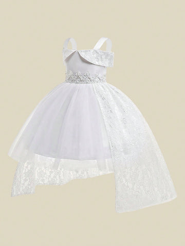 Young Girls' Elegant Lace & Tulle Spaghetti Strap Party Dress, Suitable For Performance, Flower Girl, Birthday