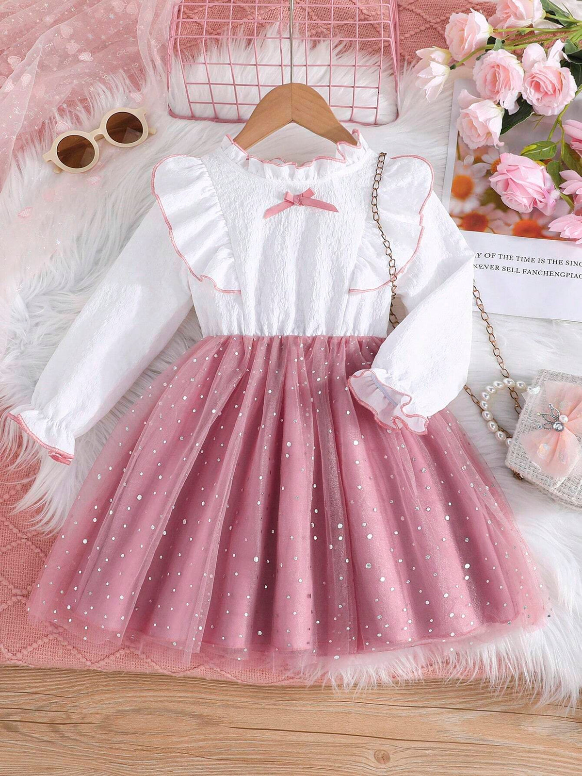 Young Girls Elegant Lady-Like Bowknot Decorated Long Sleeve Mesh Overlay Dress