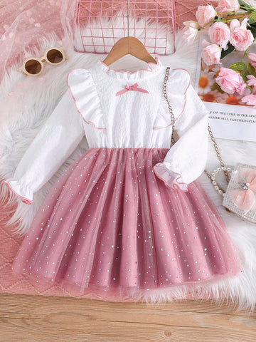 Young Girls Elegant Lady-Like Bowknot Decorated Long Sleeve Mesh Overlay Dress