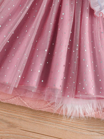 Young Girls Elegant Lady-Like Bowknot Decorated Long Sleeve Mesh Overlay Dress