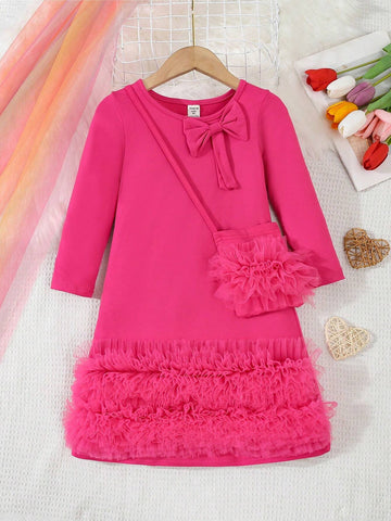 Young Girls Elegant Lady Long Sleeve Tulle Ruffle Hem Solid Color Dress