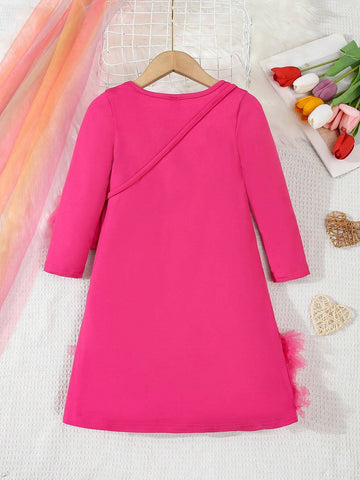 Young Girls Elegant Lady Long Sleeve Tulle Ruffle Hem Solid Color Dress