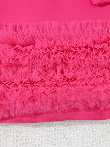 Young Girls Elegant Lady Long Sleeve Tulle Ruffle Hem Solid Color Dress