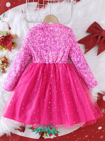 Young Girls Elegant Luxurious Round Neck Raglan Sleeve Sequined Butterfly Print Princess Dress With 3D Bow And Glitter Tulle, Autumn Winter