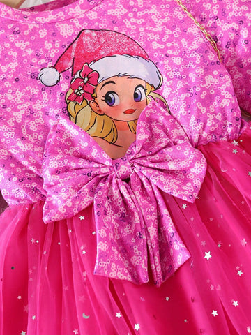 Young Girls Elegant Luxurious Round Neck Raglan Sleeve Sequined Butterfly Print Princess Dress With 3D Bow And Glitter Tulle, Autumn Winter