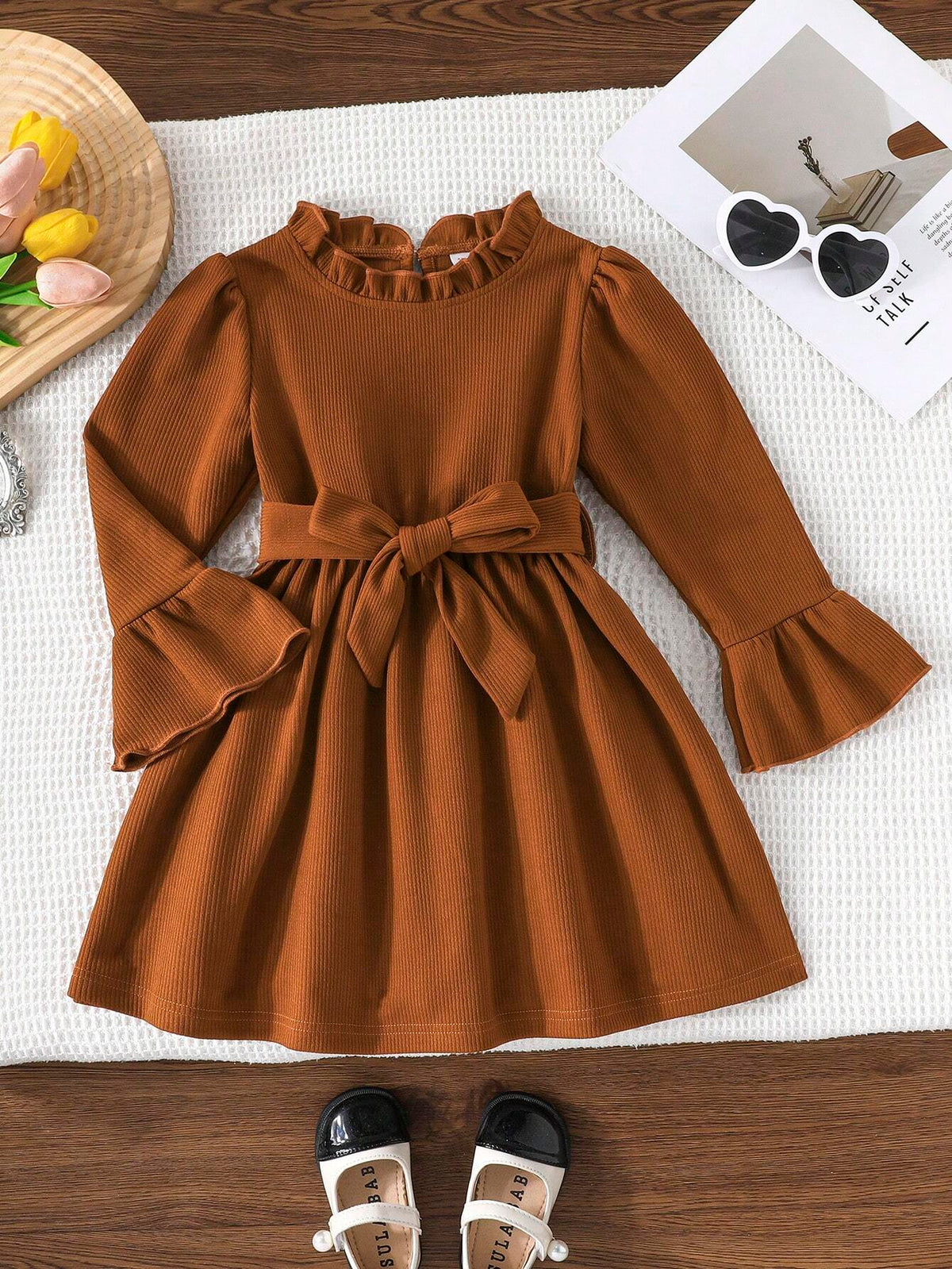 Young Girls Elegant Minimalist Ladylike Solid Color Ribbed Long Sleeve Dress With Belt, Spring & Autumn