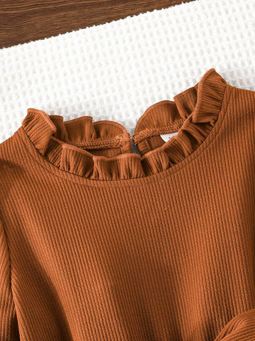 Young Girls Elegant Minimalist Ladylike Solid Color Ribbed Long Sleeve Dress With Belt, Spring & Autumn