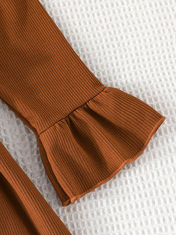 Young Girls Elegant Minimalist Ladylike Solid Color Ribbed Long Sleeve Dress With Belt, Spring & Autumn