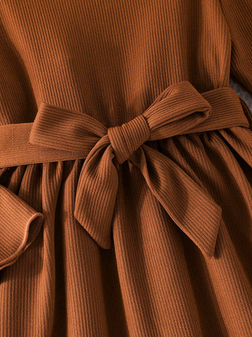 Young Girls Elegant Minimalist Ladylike Solid Color Ribbed Long Sleeve Dress With Belt, Spring & Autumn