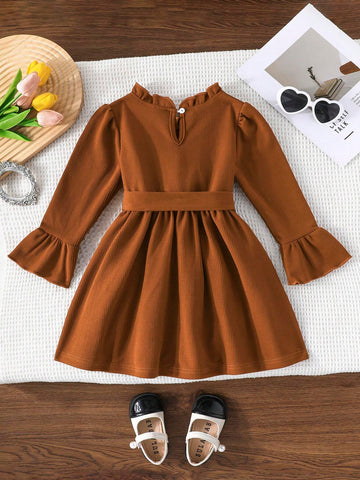 Young Girls Elegant Minimalist Ladylike Solid Color Ribbed Long Sleeve Dress With Belt, Spring & Autumn