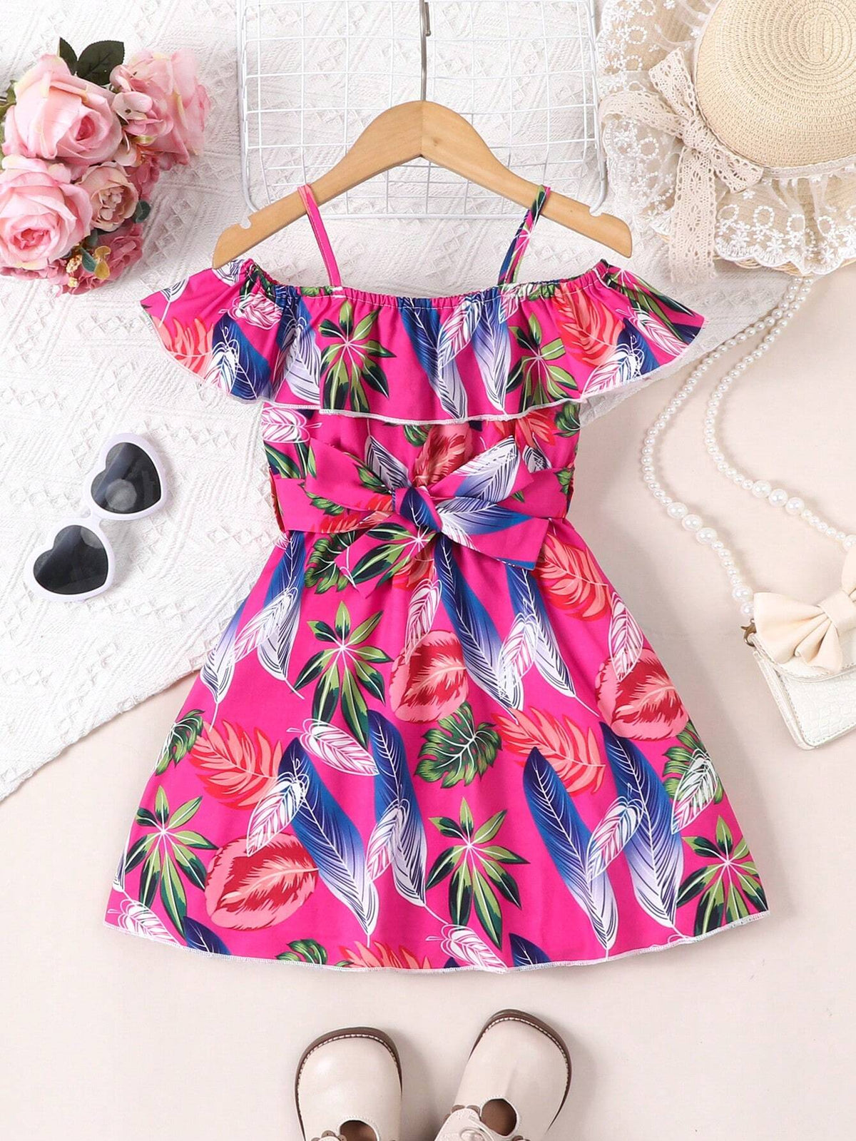 Young Girls' Elegant Off-Shoulder Tropical Print Colorful Dress, Spring And Summer
