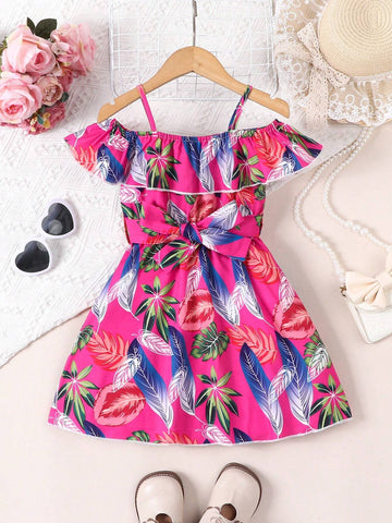 Young Girls' Elegant Off-Shoulder Tropical Print Colorful Dress, Spring And Summer