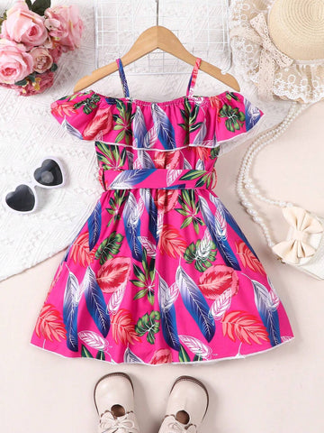 Young Girls' Elegant Off-Shoulder Tropical Print Colorful Dress, Spring And Summer