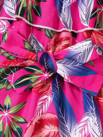 Young Girls' Elegant Off-Shoulder Tropical Print Colorful Dress, Spring And Summer