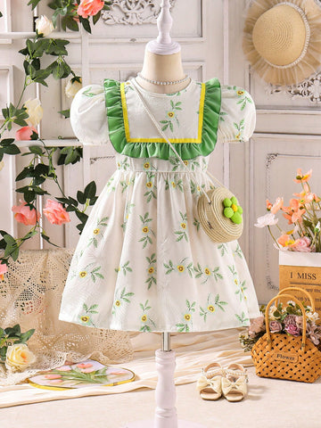 Young Girls Elegant Paisley Floral Pattern Ruched Trim Balloon Sleeve Princess Dress And 3D Flower Decorated Woven Tote Bag Set