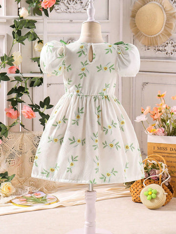 Young Girls Elegant Paisley Floral Pattern Ruched Trim Balloon Sleeve Princess Dress And 3D Flower Decorated Woven Tote Bag Set