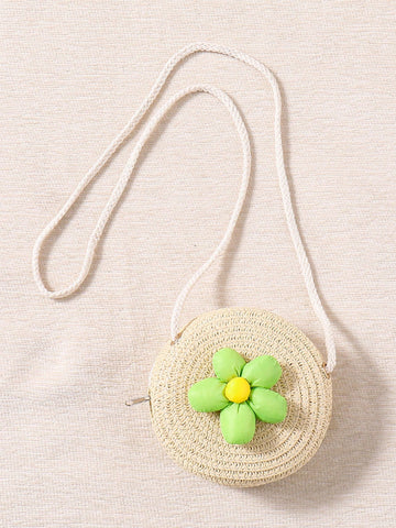 Young Girls Elegant Paisley Floral Pattern Ruched Trim Balloon Sleeve Princess Dress And 3D Flower Decorated Woven Tote Bag Set