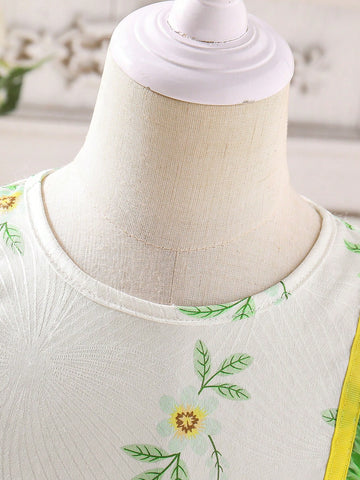 Young Girls Elegant Paisley Floral Pattern Ruched Trim Balloon Sleeve Princess Dress And 3D Flower Decorated Woven Tote Bag Set