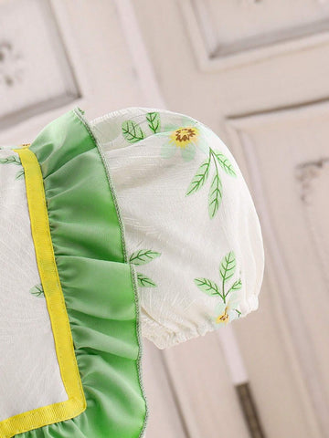 Young Girls Elegant Paisley Floral Pattern Ruched Trim Balloon Sleeve Princess Dress And 3D Flower Decorated Woven Tote Bag Set