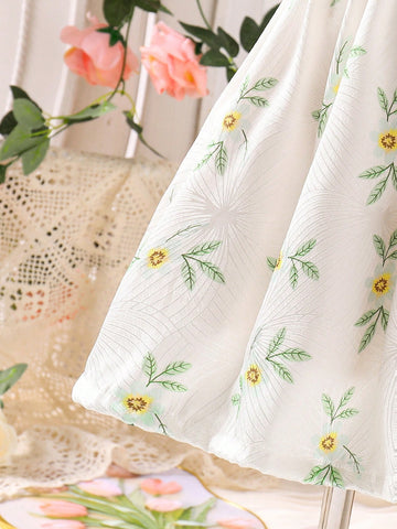 Young Girls Elegant Paisley Floral Pattern Ruched Trim Balloon Sleeve Princess Dress And 3D Flower Decorated Woven Tote Bag Set