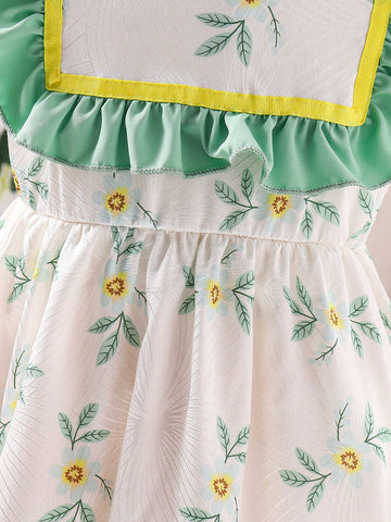 Young Girls Elegant Paisley Floral Pattern Ruched Trim Balloon Sleeve Princess Dress And 3D Flower Decorated Woven Tote Bag Set