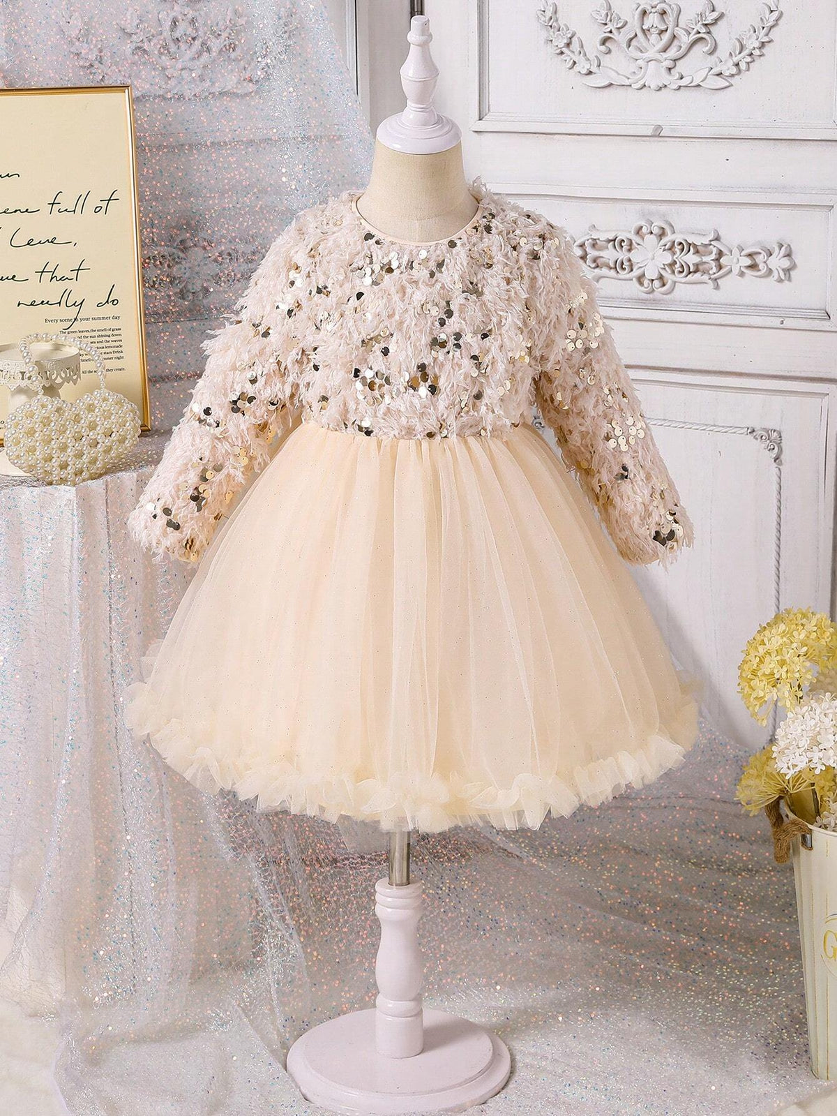 Young Girls Elegant Party Sequins Splicing Mesh Tulle Puffy Dress