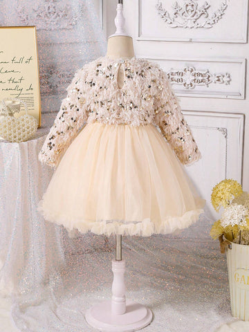 Young Girls Elegant Party Sequins Splicing Mesh Tulle Puffy Dress